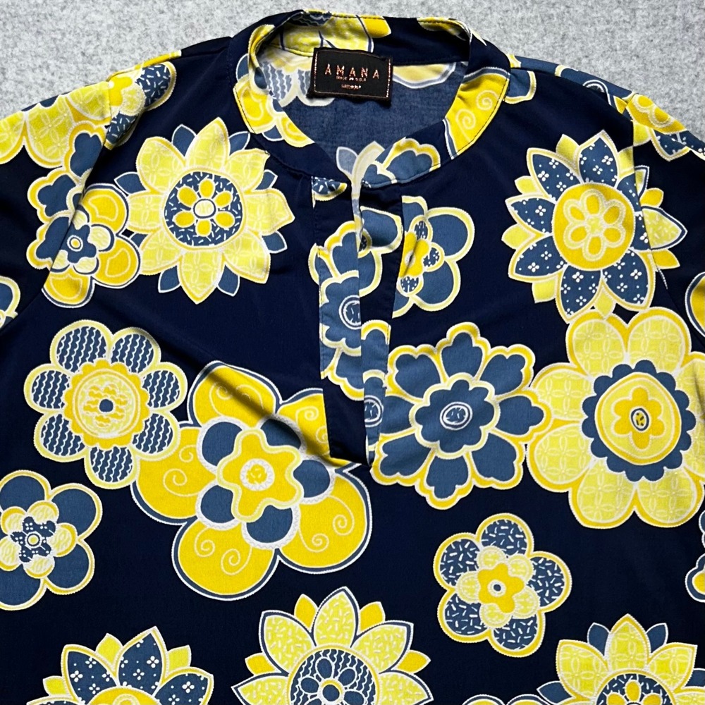 Amana Floral Blouse Split Neck Womens Medium Blue‎ Yellow Retro Mod Made in USA